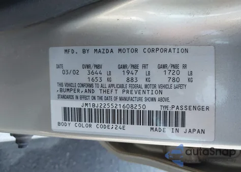 2002 Mazda Protege Dx/Es/Lx из США, поврежденный, VIN JM1BJ225521608250